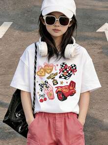 Disney Cars: Lightning McQueen And Mickey Head Elements T-Shirt, Love Biscuits, Trophy, Sweet Cool Retro, Girl's Sensation And Racing Elements Collision Print Pattern Summer Tops,Short-Sleeved Casual And Cute Style  Children's Clothing Design, Girl Clothes For Kids ,Ropa Para Niños,Girl Clothes For Kids,Graphic Tee, Summer Clothes,Perfect For Cool Girls. Comfortable And Breathable Children's Short-Sleeved T-Shirt. Comfortable And Casual Wear All Year Round 180g Pure Cotton Children's Clothes,Comfortable & Lightweight, Iconic Print For Mix-And-Match Outfits,Suitable For Both Boys And Girls. - White - View 1