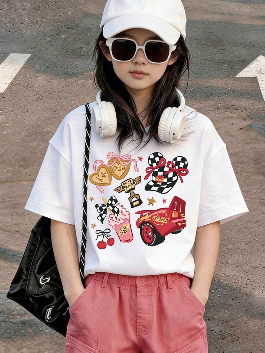 Disney Cars: Lightning McQueen And Mickey Head Elements T-Shirt, Love Biscuits, Trophy, Sweet Cool Retro, Girl's Sensation And Racing Elements Collision Print Pattern Summer Tops,Short-Sleeved Casual And Cute Style Children's Clothing Design, Girl Clothes For Kids ,Ropa Para Niños,Girl Clothes For Kids,Graphic Tee, Summer Clothes,Perfect For Cool Girls. Comfortable And Breathable Children's Short-Sleeved T-Shirt. Comfortable And Casual Wear All Year Round 180g Pure Cotton Children's Clothes,Comfortable & Lightweight, Iconic Print For Mix-And-Match Outfits,Suitable For Both Boys And Girls. - White - View 1