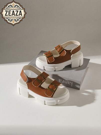 复古双扣厚底童鞋，女童防滑露趾罗马凉鞋，夏季舒适沙滩鞋