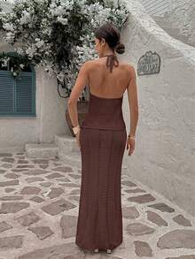 女士夏季两件套，包括深V领无袖吊带背心和修身长裙，休闲度假风，适合海滩、旅行，包含亮片上衣、女士罩衫和夏季女装。 - 咖啡 - 查看 10