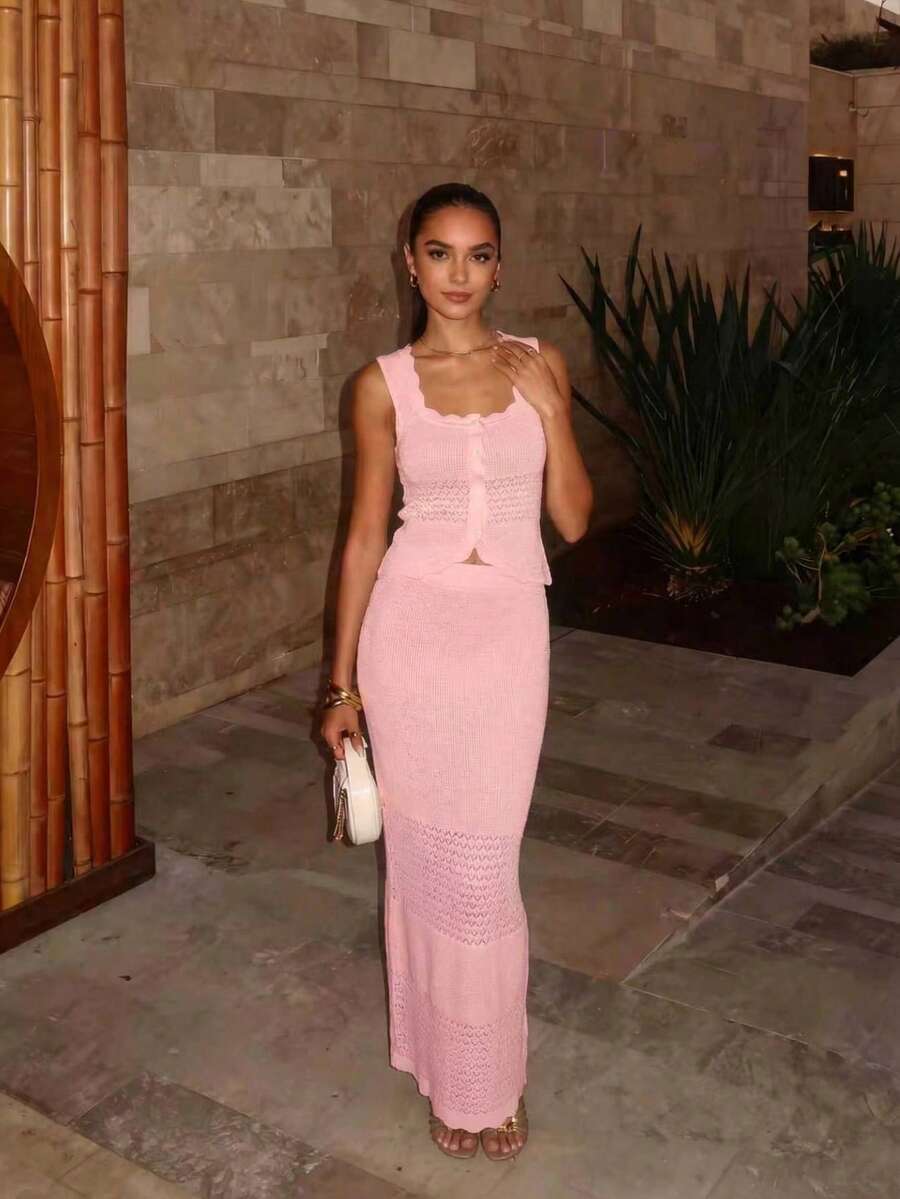 FOR BEAUTY Women's Yellow Solid Knit 2 Pieces Set, Featuring Ruffled Trim Knit Cardigan And Long Knit Skirt With Button Closure, Elegant Vacation Style Suitable For Beach Trips And Daily Wear, Summer Outfit Spring