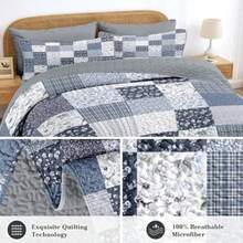 Patchwork Quilt Set Queen Size Floral Boho 3 Pcs Soft Bed Cover Bedding Set Rustic Blue Farmhouse Lightweight Bedspread Coverlet with 2 Pillow Shams for All Season - Flores azules - Ver 6