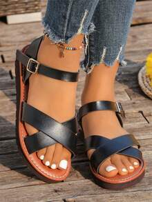 超宽超大夏季新款时尚凉鞋，厚底百搭交叉复古休闲罗马凉鞋 - 黑色 - 查看 5