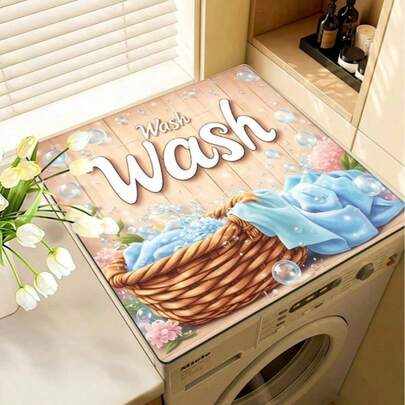 1pc, Home Decor, Laundry Room Pattern Printed Washing Machine Dust Cover Mat, Rubber Soft Bottom, Laundry Room Accessories, Washing Machine Top Protective Mat, Absorbent Quick Dry, Refrigerator Dust Cover Mat, Coffee Machine Countertop Absorbent Mat, Diatomaceous Earth Drain Mat, Modern Laundry Room And Kitchen Appliance Washing Machine And Dryer Dust Cover, Home Decoration, Kitchen Dining Room Decoration
