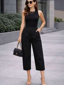 Pantalón dama mujer cintura elástica delgado y fresco para verano de moda casual unicolor - Negro - Ver 3