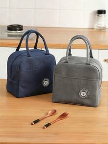 1pc Bear Pattern Insulated Lunch Bag, Thermal Lunch Box Tote - Navy Blue - View 2