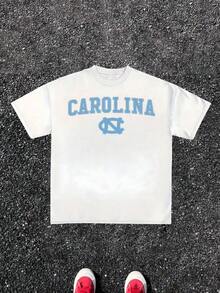 Carolina Letter Graphic Men's Summer T-Shirts, 220g, Sports T-Shirt, 1 Piece, Streetwear, 100% Cotton, Casual T-Shirt, Vintage College Style, Digitally Printed T-Shirt, Cotton T-Shirt. - White - View 8