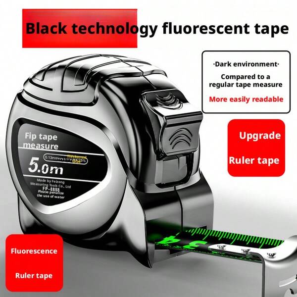 1 pieza Cinta métrica retráctil fluorescente, regla negra de 5m/7m/10m de ancho, de alta precisión y duradera, para ingeniería, carpintería, renovación del hogar, obra de construcción