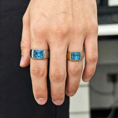 حلقة ديكور مستطيلة زرقاء من الفولاذ المقاوم للصدأ، مصنوعة من مادة الفولاذ المقاوم للصدأ 316، مطلية بالذهب عيار 18 قيراط، مقاومة للماء وللتلاشي، مناسبة للاستخدام اليومي والسفر والأعمال والموضة كإكسسوار للرجال