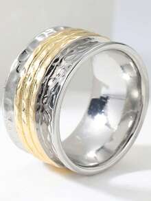 Fashionable Minimalist Metal Wire Designed Dual-Tone Wide Ring, Suitable For Women's Wedding, Party, And Daily Wear, A Versatile Jewelry Accessory - Silver - View 10