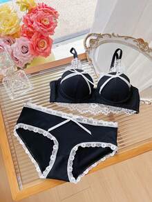 Belle Étoile 1PCS Pure And Cute Underwear Set, Women's Small Bust Gathering And Lifting Wireless Comfortable Lace Bra, Suitable For Daily Wear, Perfect For Giving To Besties, Friends, Or Lovers, The Most Sincere Gift - 黑色 - 查看 2