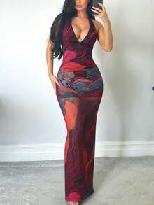 Vestido de festa elegante e sensual com estampa em tule transparente e costas nuas da DOUCIU - Multicolorido - Ver 5