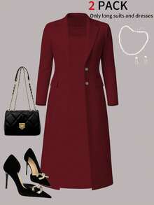 Plus Size Women's New Elegant 2-Piece Set, Solid Color Minimalist Versatile Long Cardigan Jacket + Sleeveless Bodycon Midi Dress, Suitable For Commuting, Spring/Autumn/Winter - Burgundy - View 2
