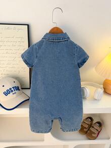 1 bộ áo liền quần denim phong cách retro cho bé trai 0-3 tuổi, thích hợp cho mùa hè. - Màu xanh bụi bặm - Xem 2