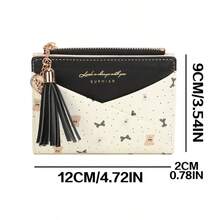 New Tassel Pendant Wallet Women, Multi-Card Slots PU Floral Bifold Wallet, Elegant Design - Black - View 2