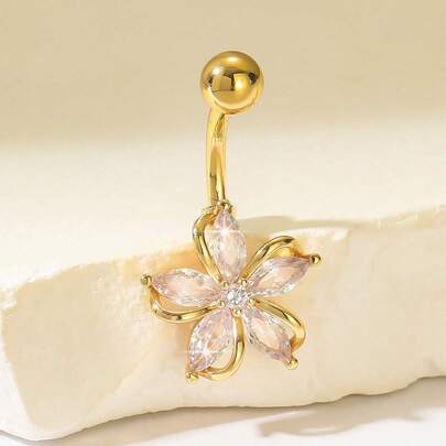 1pc Copper Gold Plated Sparkling Zirconia Flower Belly Button Ring, Suitable As Gift For Women On Christmas, Valentine's Day, Birthday, Party Or Decoration Valentines,Mom,Mother,Mother's Day,Gift