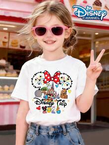 2026 Disney Travel Commemorative T-Shirt, Butterfly Shaped Mickey Mouse Head Silhouette Wrapped Around Park Landmarks And Characters, 2026 Digital Integrated Into Character Images Print Pattern Summer Tops,Short-Sleeved Casual And Cute Style  Children's Clothing Design, Girl Clothes For Kids ,Ropa Para Niños,Girl Clothes For Kids,Graphic Tee, Summer Clothes,Perfect For Cool Girls. Comfortable And Breathable Children's Short-Sleeved T-Shirt. Comfortable And Casual Wear All Year Round 180g Pure Cotton Children's Clothes,Comfortable & Lightweight, Iconic Print For Mix-And-Match Outfits,Suitable For Both Boys And Girls. - White - View 1