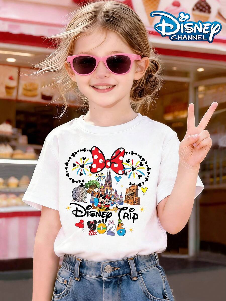 2026 Disney Travel Commemorative T-Shirt, Butterfly Shaped Mickey Mouse Head Silhouette Wrapped Around Park Landmarks And Characters, 2026 Digital Integrated Into Character Images Print Pattern Summer Tops,Short-Sleeved Casual And Cute Style Children's Clothing Design, Girl Clothes For Kids ,Ropa Para Niños,Girl Clothes For Kids,Graphic Tee, Summer Clothes,Perfect For Cool Girls. Comfortable And Breathable Children's Short-Sleeved T-Shirt. Comfortable And Casual Wear All Year Round 180g Pure Cotton Children's Clothes,Comfortable & Lightweight, Iconic Print For Mix-And-Match Outfits,Suitable For Both Boys And Girls. - White - View 1