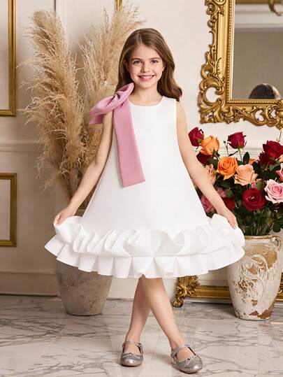 Young Girls Crew Neck Ruffle Bow Layered Elegant Birthday Party Princess Dress, Suitable For Flower Girl, Formal Events, School Stage, Without Headband