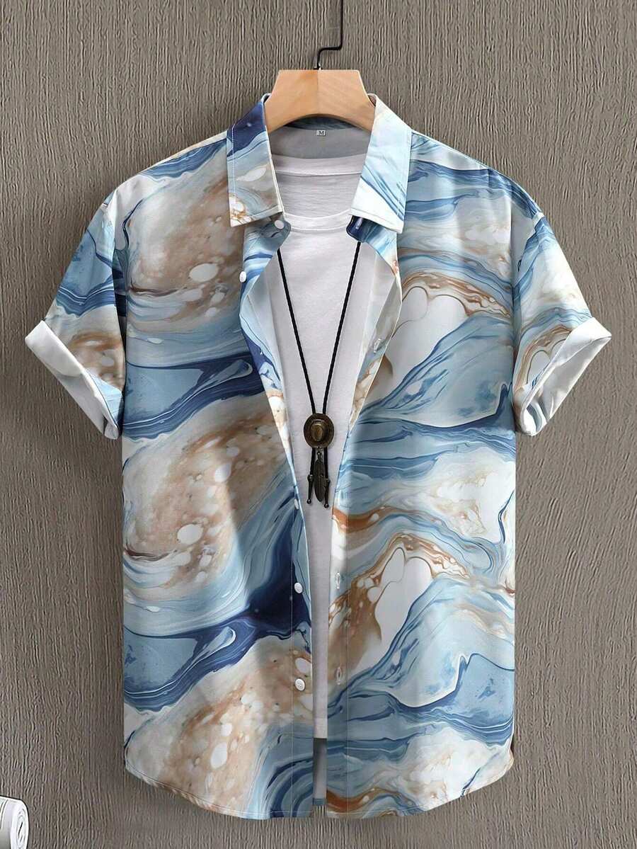 Flowing Ocean Waves And Soft Marble Textures Blend In Calm Blue Tones Symbolizing Freedom And Elegance 3D Print Casual Short Sleeve Men's Shirt Summer Beach Fashion Top - 白色 - 查看 1
