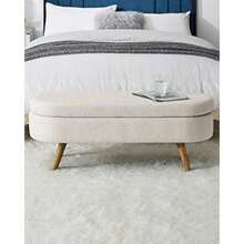 Banca Ovalada de Almacenamiento 43.5" de Alfombra de Lino Acolchada con Patas de Madera Sólida para Sala de Estar/Cama/Entrada Beige - Cian - Ver 8