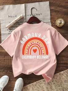 Áo thun HARMONY DAY dành cho bé gái tuổi teen với khẩu hiệu "EVERYBODY BELONGS" và hình hoạt hình cầu vồng, chất liệu mềm mại và thoải mái, phù hợp cho các hoạt động thể thao ngoài trời, dạo phố, đi học, thời trang mùa xuân/hè đa năng. - Hồng - Xem 6
