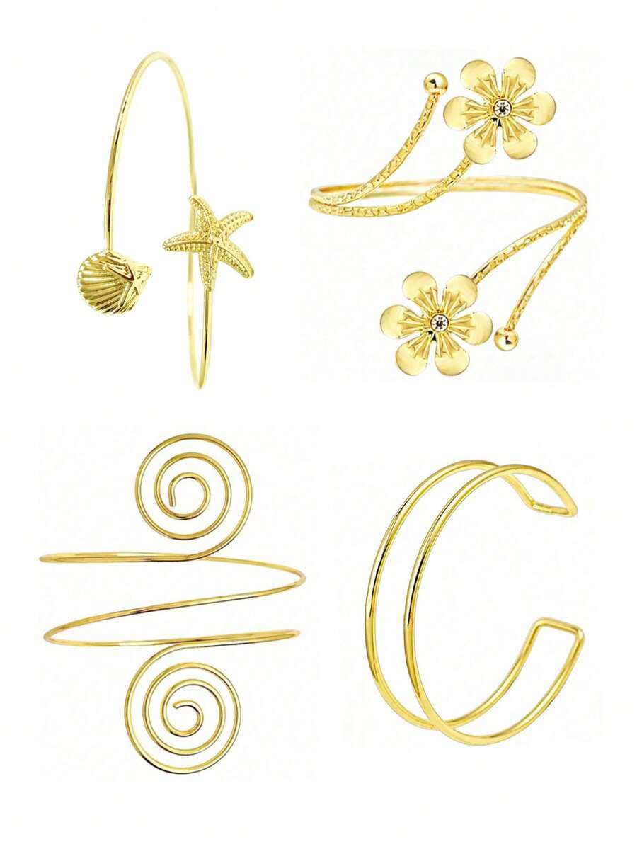 花卉、海星、螺旋臂环手镯，多层几何臂环，可调节多功能设计，适合日常佩戴，送给女朋友/闺蜜的礼物 - 4PC金AT009 - 查看 1