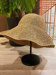 1 chiếc mũ rơm đan móc vành rộng có thể gấp gọn dành cho nữ, kiểu dáng tối giản và đa năng, phù hợp cho kỳ nghỉ hè ở bãi biển. - Mũ rơm - Xem 2