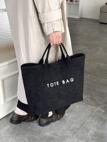 复古大容量女士手提包，字母印花简约设计，通勤百搭 - 黑色 - 查看 7