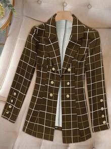 Women's Front Button Notched Collar Long Sleeve Plaid Casual Blazer Vacation Spring - Brown - View 3