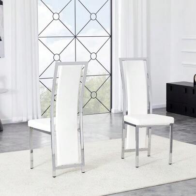 Set Of 2 Minimalist European Dining Chairs With Silver Finishes. Black Faux Leather Upholstery And Shiny Silver Metal Frame. Height: 109 Cm. Suitable For A Variety Of Uses, Including Dining Rooms And Offices.