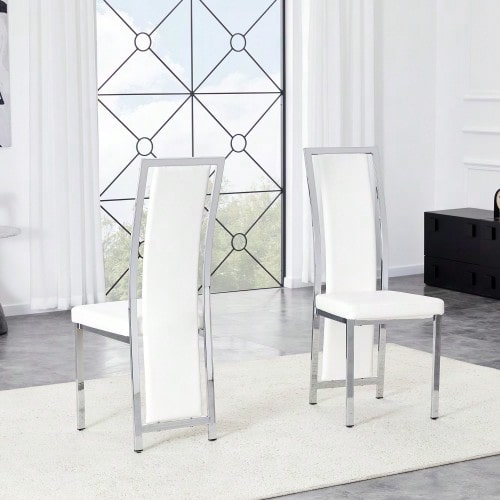 Set Of 2 Minimalist European Dining Chairs With Silver Finishes. Black Faux Leather Upholstery And Shiny Silver Metal Frame. Height: 109 Cm. Suitable For A Variety Of Uses, Including Dining Rooms And Offices.