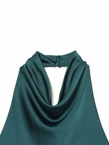 Áo hai dây hở lưng bằng satin đen dành cho nữ, Áo tank top đi biển mùa hè dành cho nữ, Áo hai dây trễ vai dây mảnh dành cho nữ - Màu xanh lá cây đậm - Xem 3