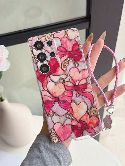 1 st. modernt retro kreativt helskärmsfodral med rosett och hjärtmönster, målat transparent mjukt TPU-telefonskal, fallskyddande, reptåligt, fingeravtrycksskyddande, kameralinsskydd, kompatibel med Apple, Nothing, Pixel,