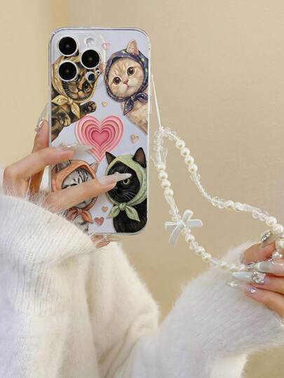 1个带珠串手链配件的透明心形猫咪彩绘加厚防摔手机壳，兼容/Galaxy//