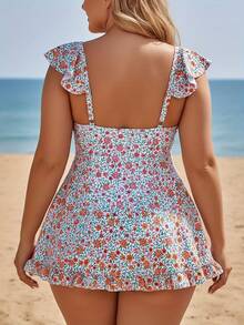Plus Size Fresh Ditsy Floral Skirted Two Piece Swimsuit - V-Neck Ruffle Top With Waist Tie Modest Tummy Control Swimwear - Multicolor - View 6