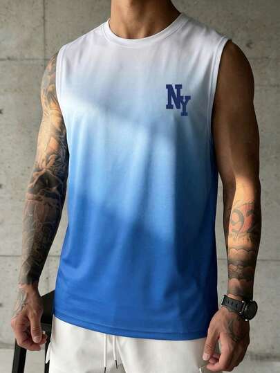 Simple Studio | Áo tank top nam cổ tròn in chữ gradient tối giản | Thích hợp mặc mùa hè | Thoải mái & Thoáng khí | Thời trang hàng đầu