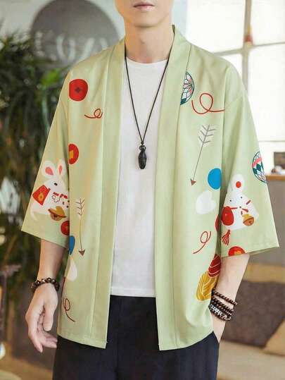 Loose Fit Light Green Casual Cardigan, Anime Themed Kimono Jacket, Cute Oversized Unisex Lightweight Sunscreen Coat