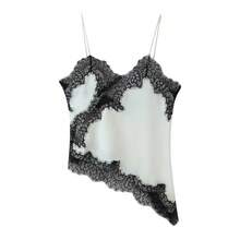 MUMRAP Áo hai dây nữ màu trơn phối ren bất đối xứng, kiểu dáng thanh lịch, rộng rãi, hở lưng, không tay, thích hợp mặc mùa hè. - Đen và trắng - Xem 4