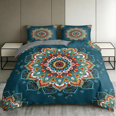 3pcs Bohemian Mandala Pattern Duvet Cover Set, Including 1 Duvet Cover And 2 Pillow Shams (Comforter And Pillows Not Included), Exquisite High-Definition Printed Pattern, 100% Polyester Fabric, Soft And Breathable, Comfortable And Durable, Suitable For Bedroom, Guest Room Or Dormitory Decor