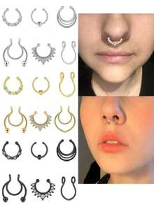 Bộ 8 chiếc khuyên mũi giả màu ngẫu nhiên, khuyên mũi bằng thép không gỉ, khuyên mũi nữ, khuyên vách ngăn mũi giả, trang sức xỏ mũi, khuyên mũi đôi. - vòng mũi giả - Xem 1