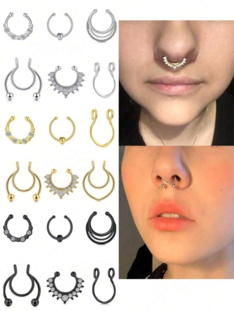 Bộ 8 chiếc khuyên mũi giả màu ngẫu nhiên, khuyên mũi bằng thép không gỉ, khuyên mũi nữ, khuyên vách ngăn mũi giả, trang sức xỏ mũi, khuyên mũi đôi. - vòng mũi giả - Xem 1