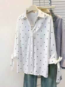 女士七分袖波点衬衫，翻领设计，袖口系带，百搭休闲商务风，适合办公室、通勤、居家及日常穿着，春夏秋季皆宜。 - 白色 - 查看 6