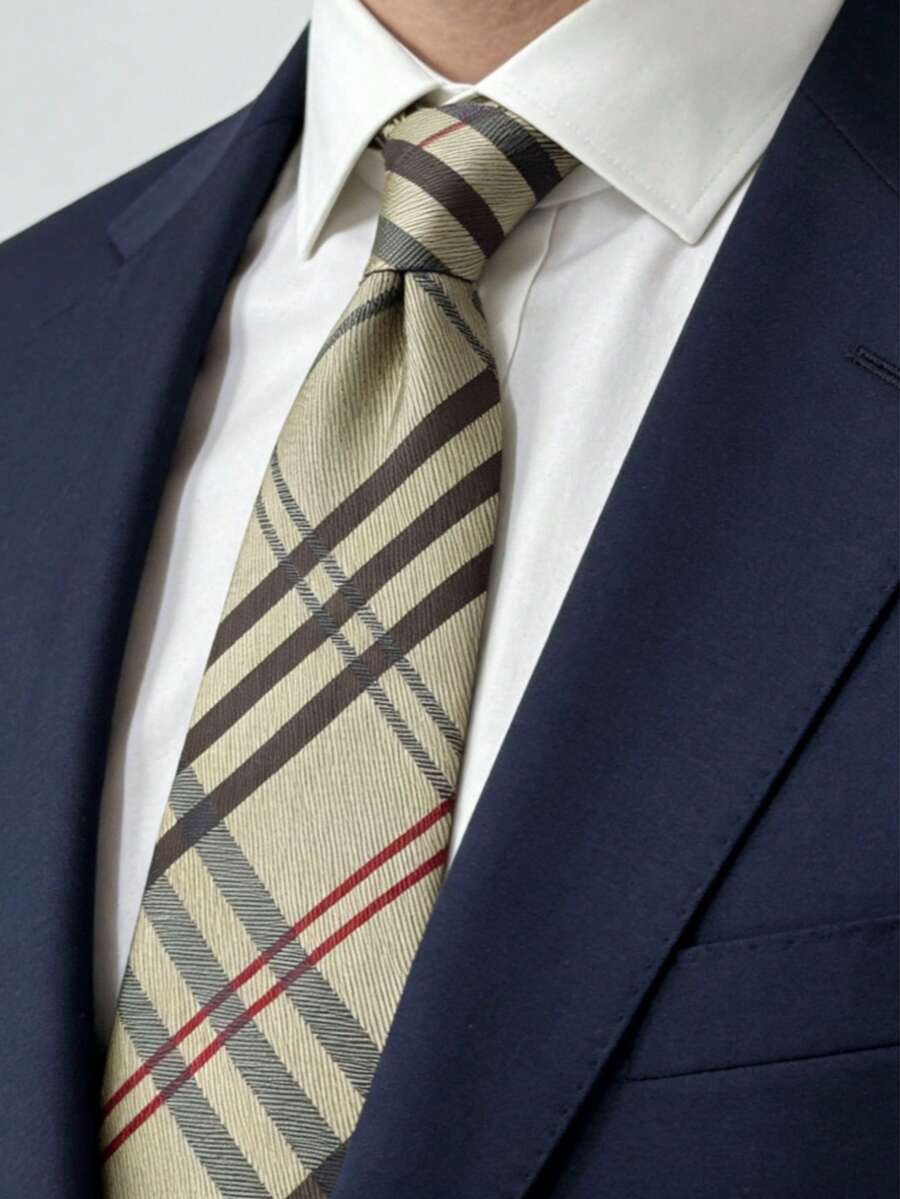1条英式男士领带，条纹格纹图案，商务正装、休闲通勤、求职面试皆可佩戴 - 彩色 - 查看 1