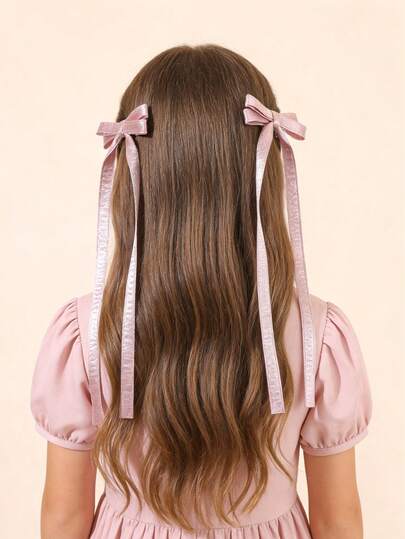 2个粉色闪亮丝带蝴蝶结发夹，甜美Y2K风格长流苏蝴蝶结发夹，纯色蝴蝶结鳄鱼夹，女孩节日礼物，芭蕾舞风发夹，青少年发饰