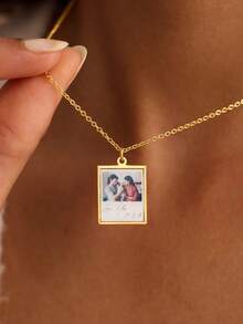 Customized Handwritten Necklace, Real (Your Own) Handwriting, 14k Gold Engraved Pendant, Personalized Signature Jewelry, Perfect Gift - Square Sign Image + Text Style - View 2