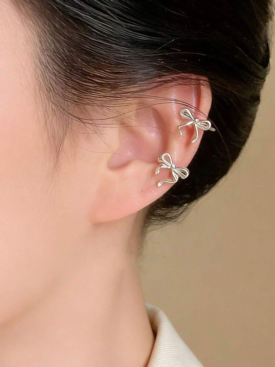 2pcs Fashionable Bow Decor Clip-On Earrings, Suitable For Women's Daily Wear And Accessorizing - Silver - View 1