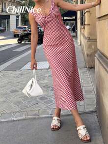 女士红色格子荷叶边吊带中长连衣裙，夏季甜美少女风休闲优雅飘逸沙滩度假连衣裙 - 紅色 - 查看 4