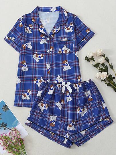 格子小狗印花女士泡泡褶皱短袖短裤睡衣套装