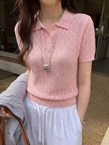 Blusa de punto de cuello polo de unicolor con mangas cortas para mujer, con textura acanalada, cierre de botones, adecuada para el hogar, la playa y el uso diario en verano, color rosa - Rosa - Ver 7